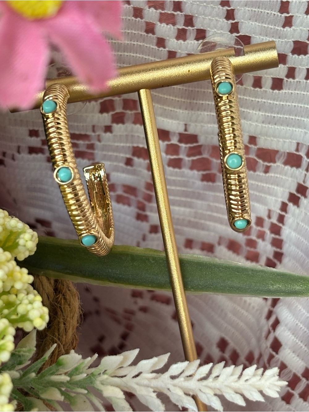 PL Rae Gold Hoop Earrings with Turquoise Accents NWT NO BOX Gift Bag Ready 1 ¼”